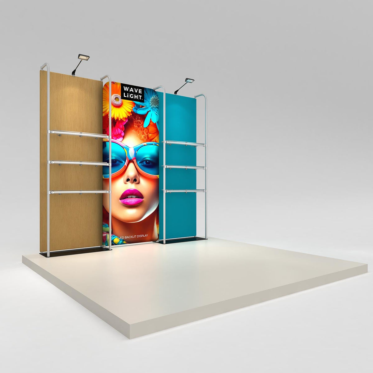 WaveLight® Merchandiser Kit K50FS, a 9ft backlit retail wall with two WaveLine® Merchandiser frames and one lit panel