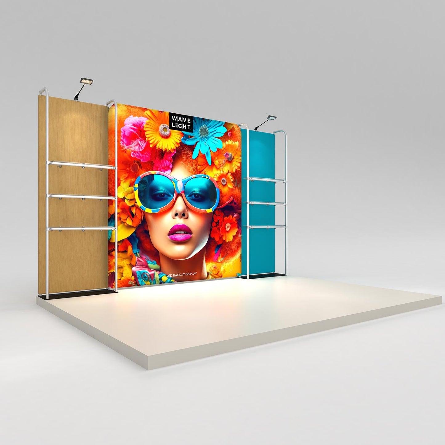 WaveLight® Merchandiser Kit K55FS, a 13ft backlit retail wall with two merchandiser frames and six clear shelves
