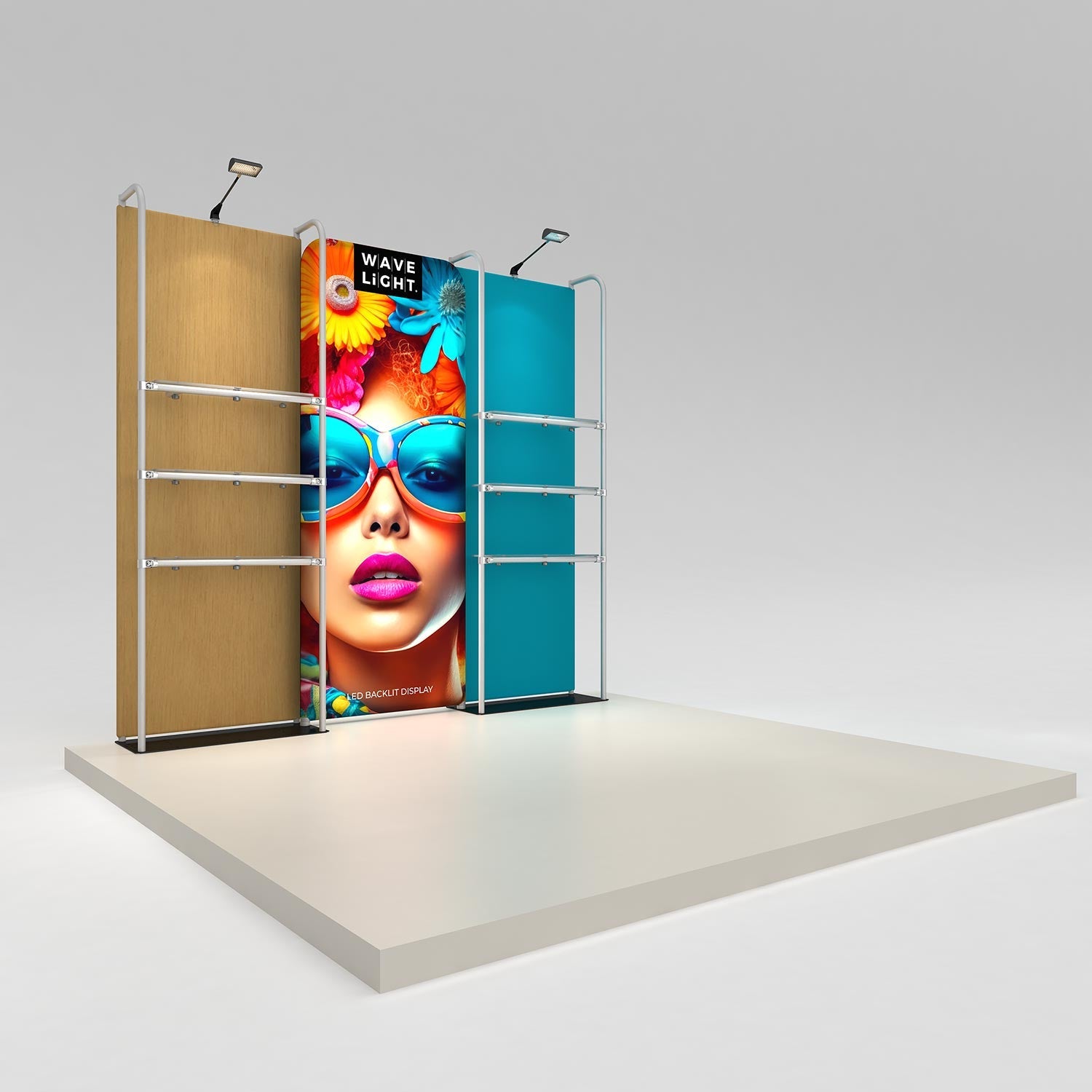 WaveLight® Merchandiser Kit K50FS, a 9ft backlit retail wall with two WaveLine® Merchandiser frames and one lit panel
