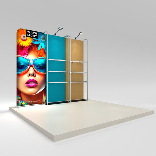 WaveLight® Merchandiser Kit K52FS, a 9ft backlit retail wall with two merchandiser frames holding six clear shelves