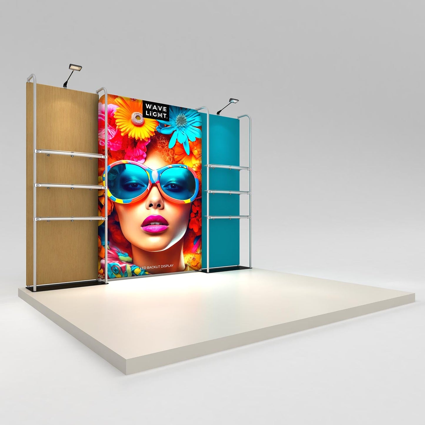 WaveLight® Merchandiser Kit K53FS, an 11ft backlit retail wall with two merchandiser frames and six clear shelves