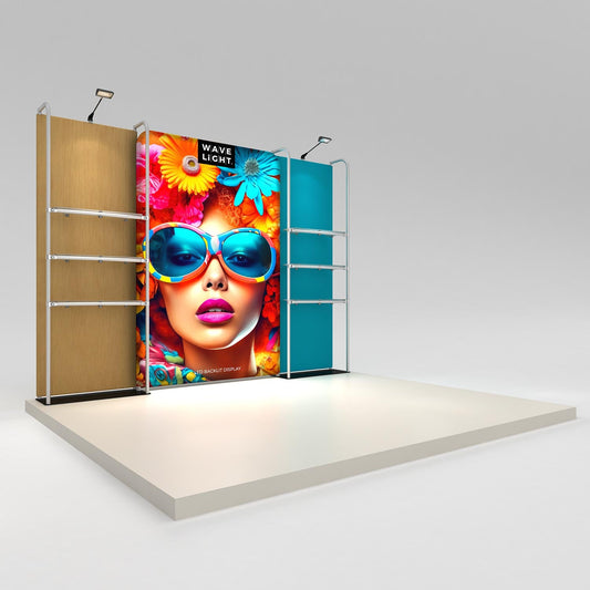 WaveLight® Merchandiser Kit K53FS, an 11ft backlit retail wall with two merchandiser frames and six clear shelves