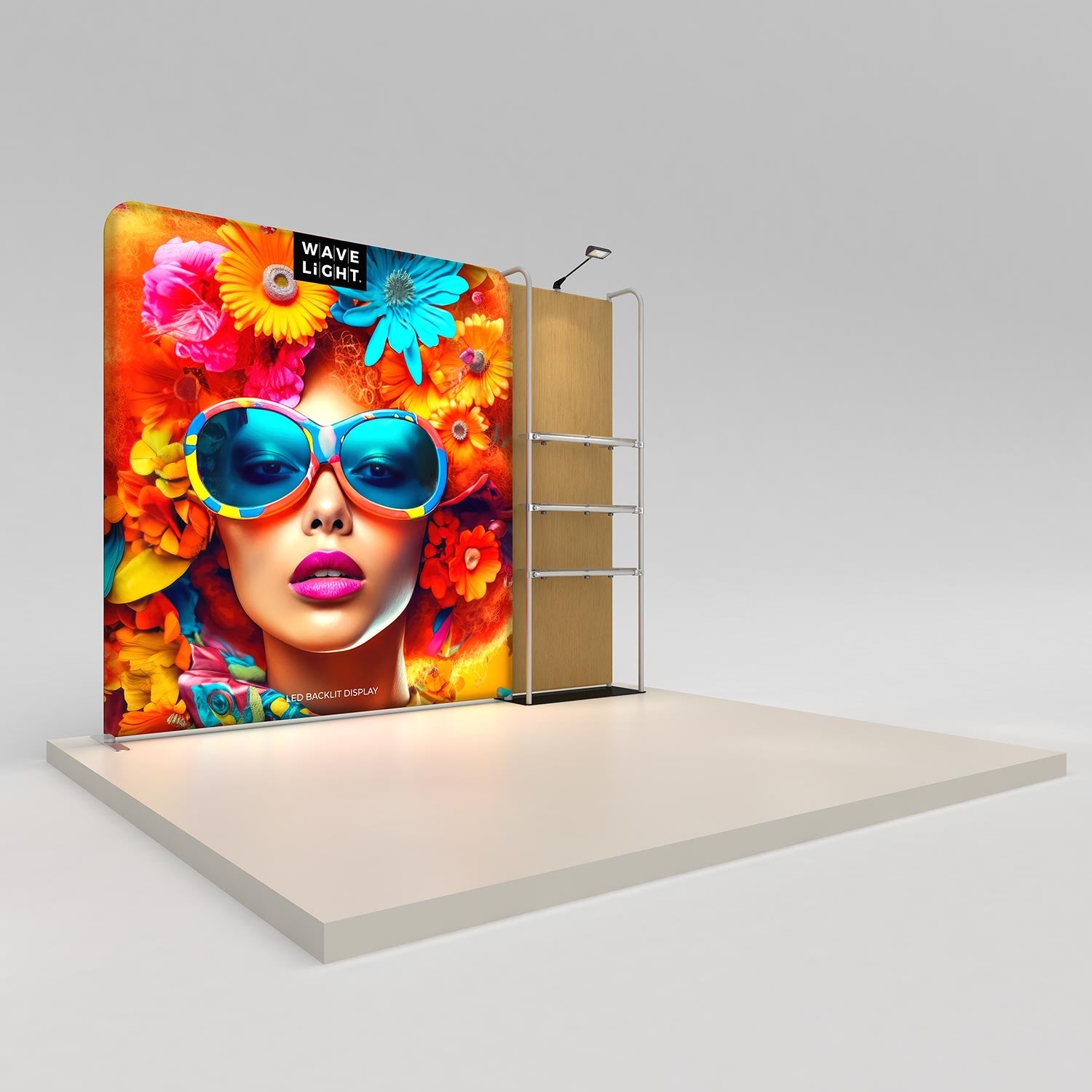 WaveLight® Merchandiser Kit K54FS, a 10.5ft backlit retail wall with one merchandiser frame and three clear shelves