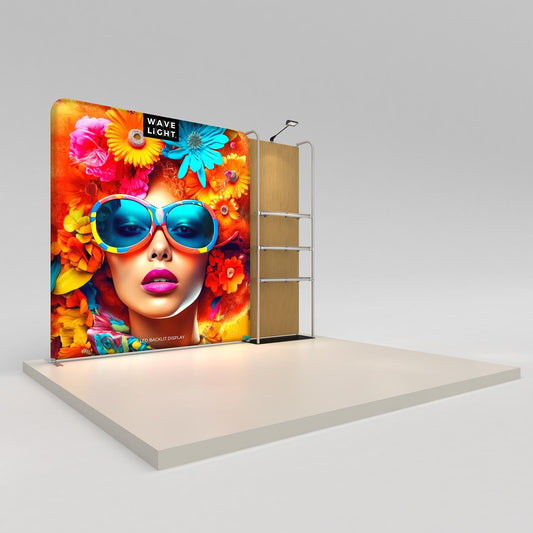 WaveLight® Merchandiser Kit K54FS, a 10.5ft backlit retail wall with one merchandiser frame and three clear shelves