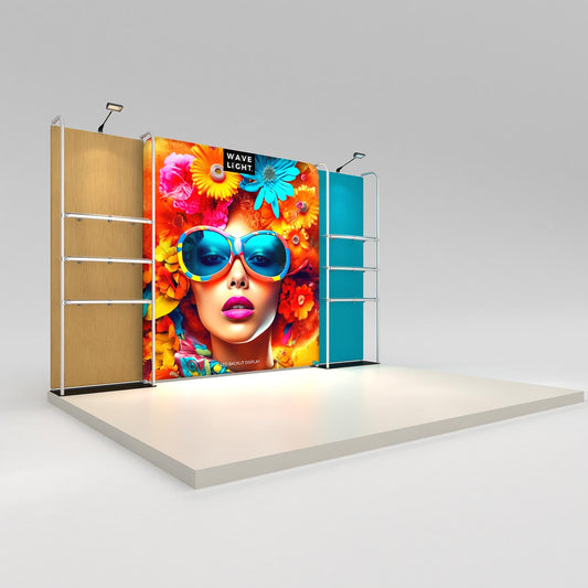 WaveLight® Merchandiser Kit K55FS, a 13ft backlit retail wall with two merchandiser frames and six clear shelves
