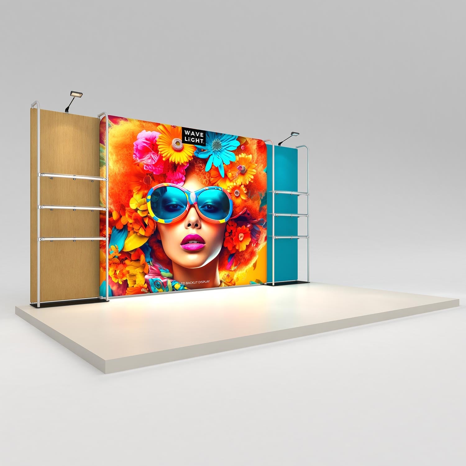 WaveLight® Merchandiser Kit K56FS, a 15.5ft backlit retail wall with two merchandiser frames and six clear shelves