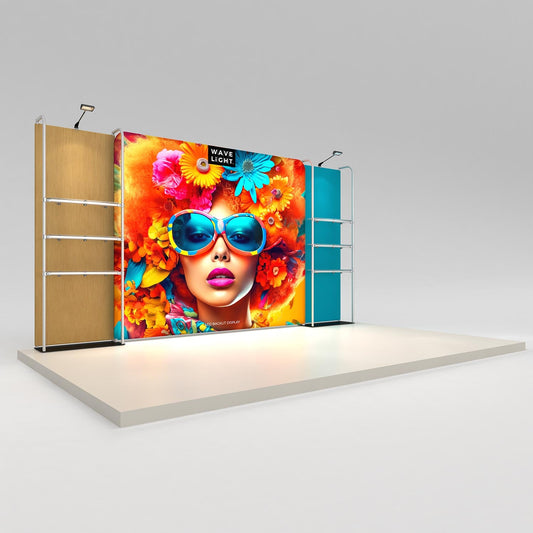 WaveLight® Merchandiser Kit K56FS, a 15.5ft backlit retail wall with two merchandiser frames and six clear shelves