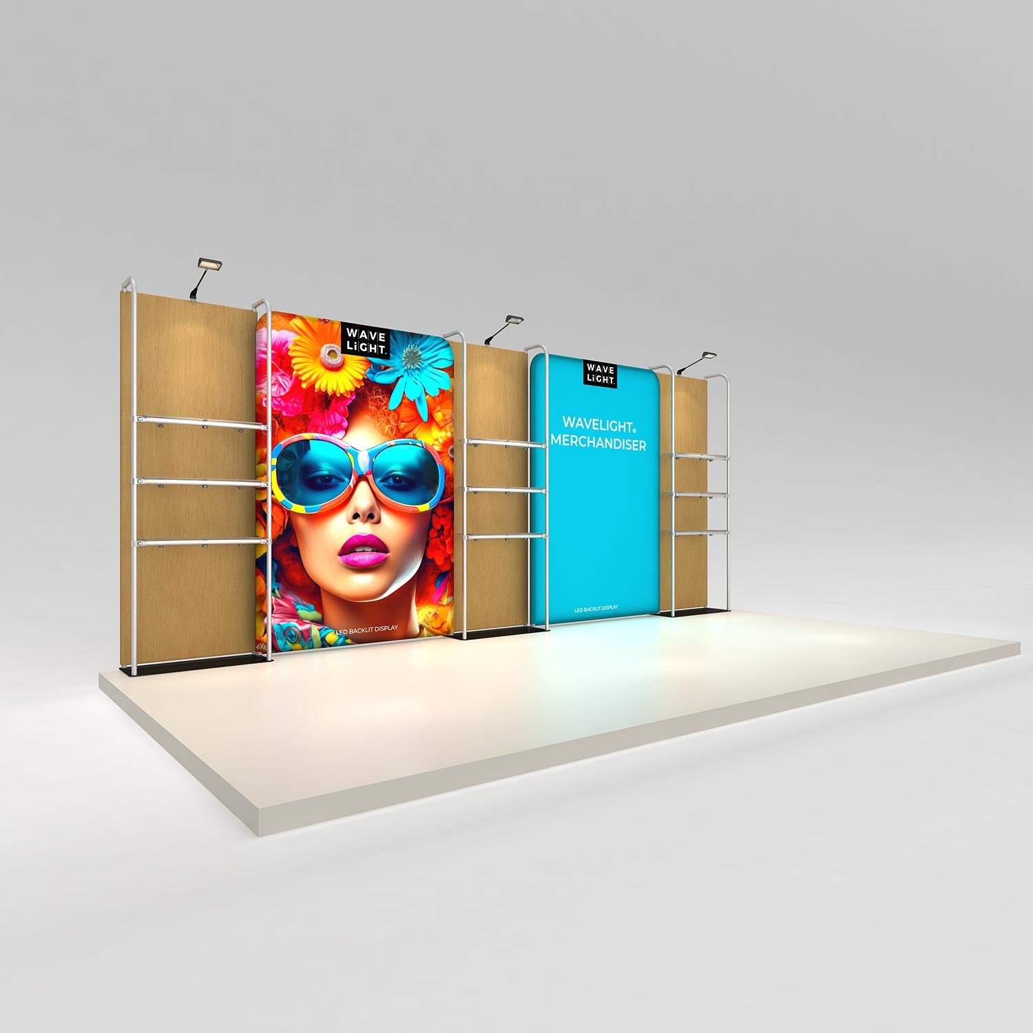 WaveLight® Merchandiser Kit K57FS, a 19ft backlit retail wall with three merchandiser frames and nine clear shelves