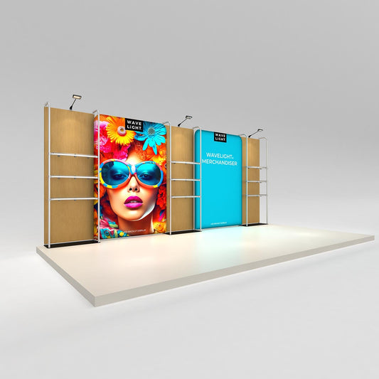 WaveLight® Merchandiser Kit K57FS, a 19ft backlit retail wall with three merchandiser frames and nine clear shelves