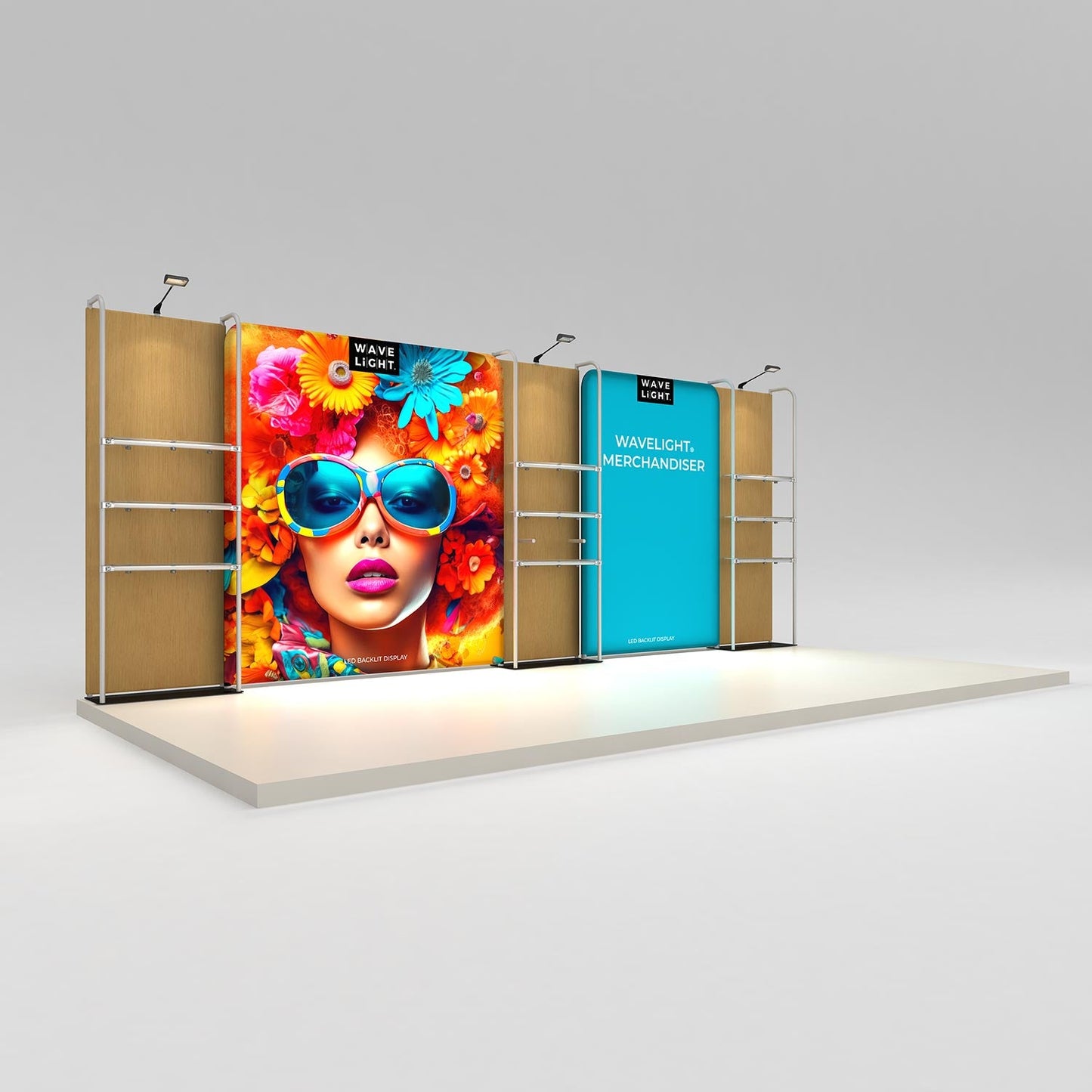 WaveLight® Merchandiser Kit K58FS, a 21ft backlit retail wall with three merchandiser frames and nine clear shelves