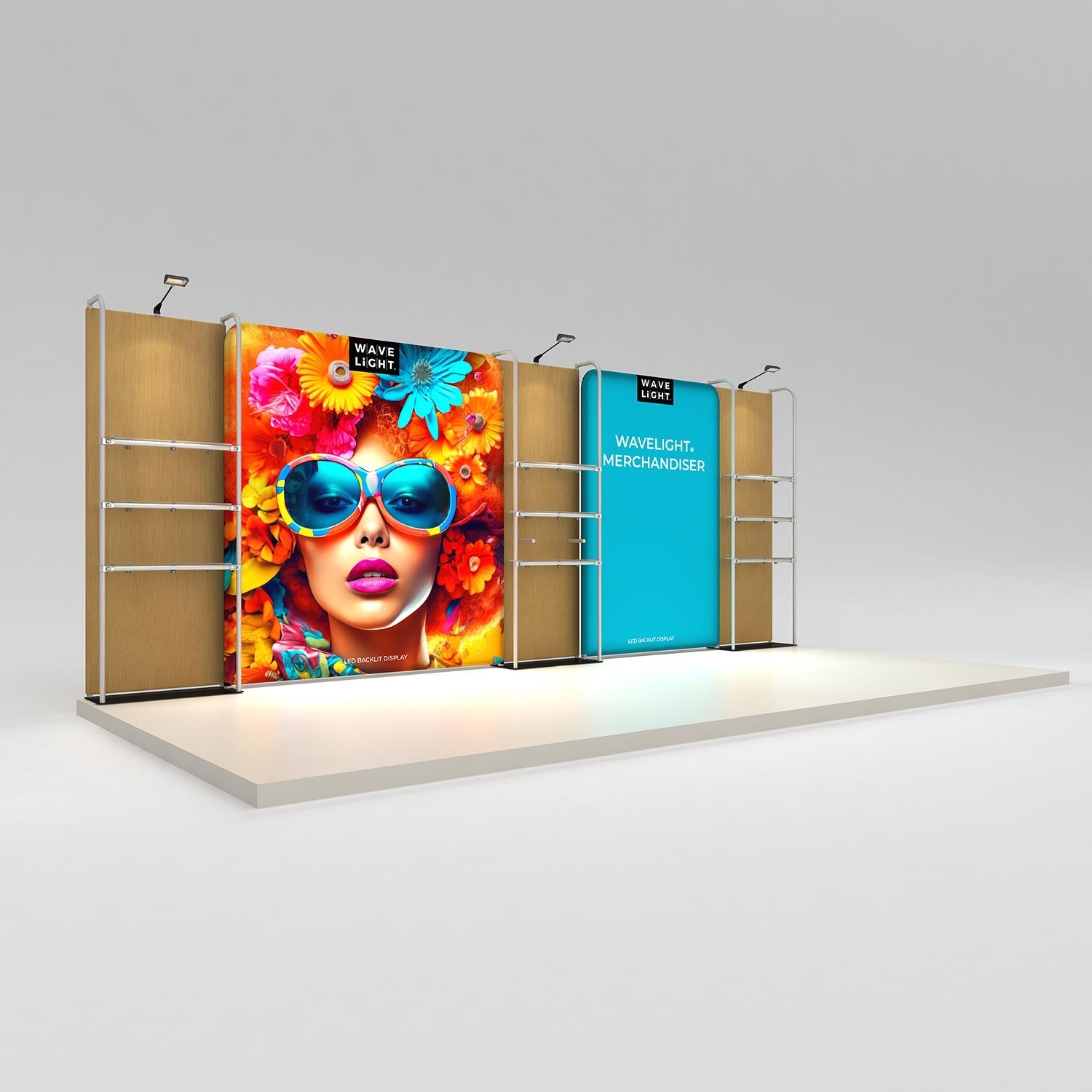 WaveLight® Merchandiser Kit K58FS, a 21ft backlit retail wall with three merchandiser frames and nine clear shelves