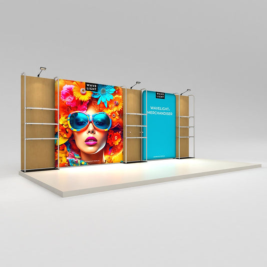 WaveLight® Merchandiser Kit K58FS, a 21ft backlit retail wall with three merchandiser frames and nine clear shelves