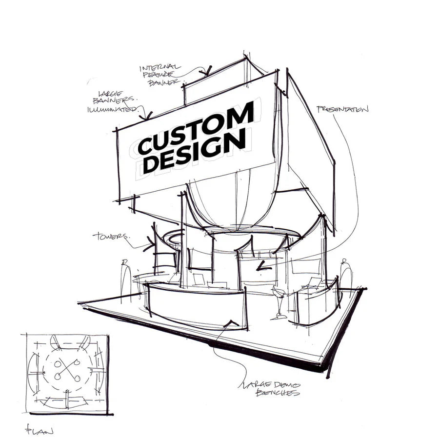 Concept sketch of a custom Born booth — towers, banners, demo benches