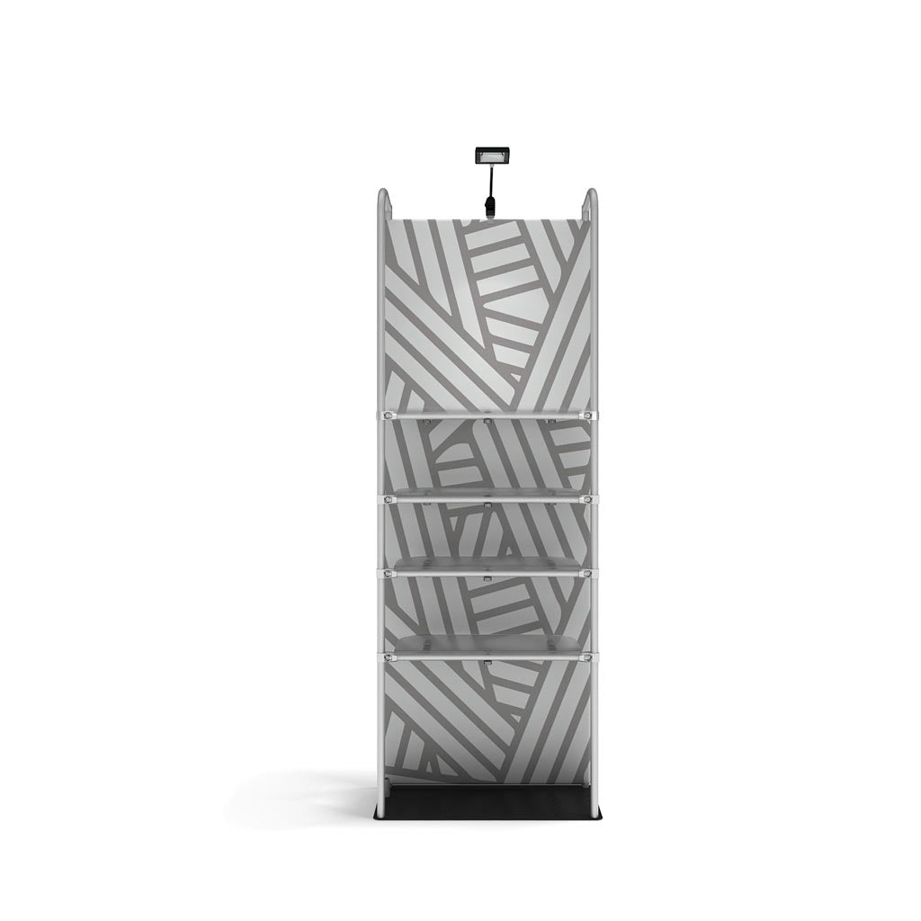 WaveLine® Merchandiser 36 by 97 inch retail pop-up store display with a zip-on fabric graphic.